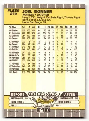 Joel Skinner Yankees baseball card with original gloss from 1989 Fleer #270