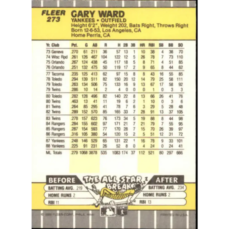 1989 Fleer #273 Gary Ward EX Excellent New York Yankees Baseball Card - Baseball Card Single
