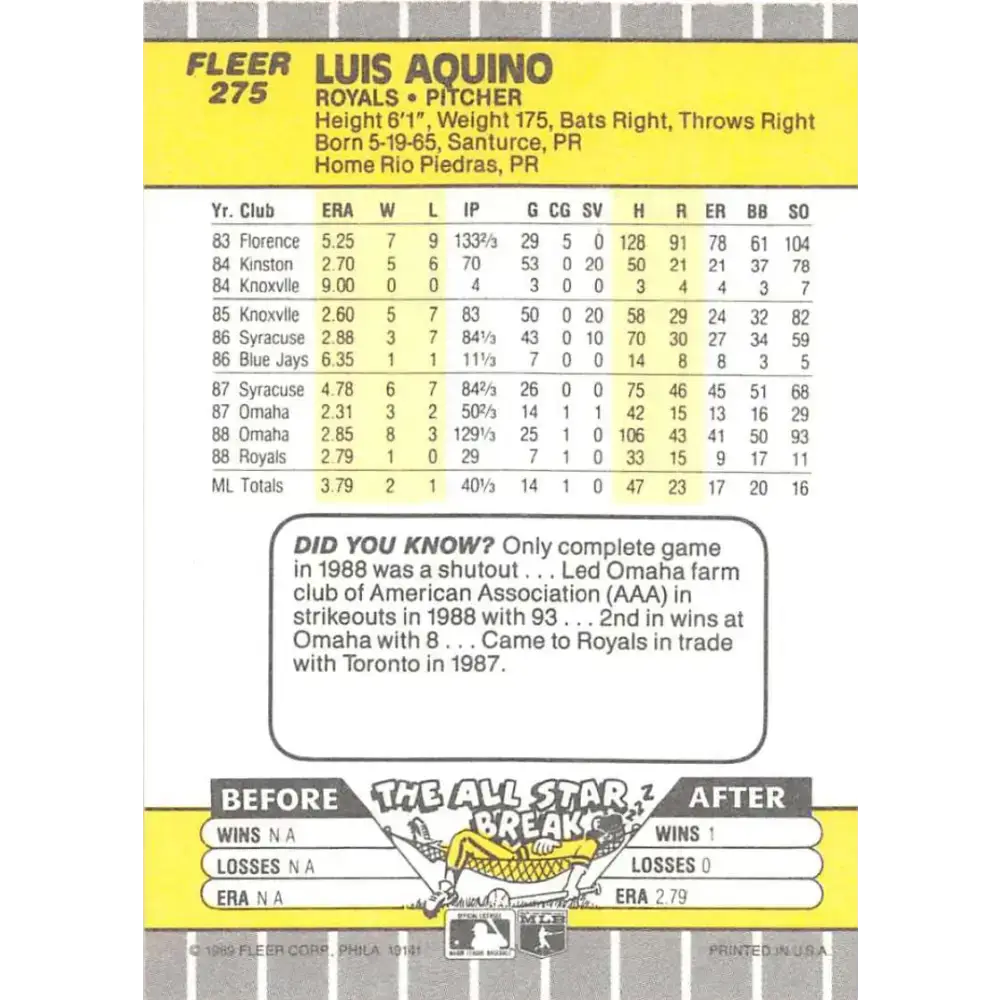 1989 Fleer #275 Luis Aquino EX Excellent Kansas City Royals Baseball Card - Baseball Card Single