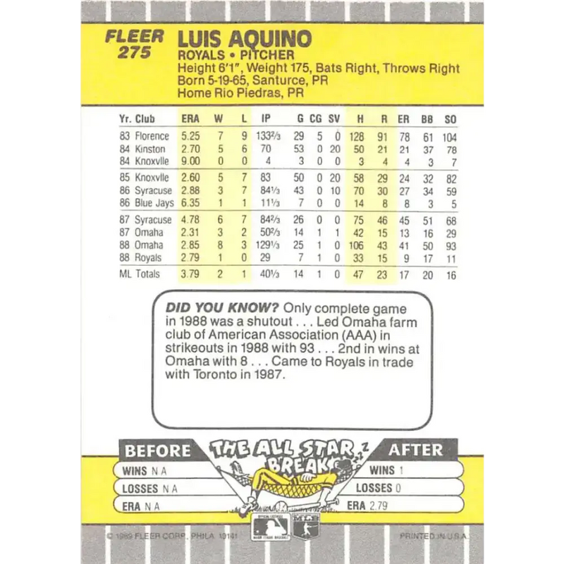 1989 Fleer #275 Luis Aquino EX Excellent Kansas City Royals Baseball Card - Baseball Card Single