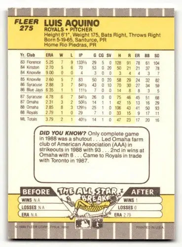 Luis Aquino Kansas baseball card from 1989 Fleer #275 featuring Aquino Kansas City Royals