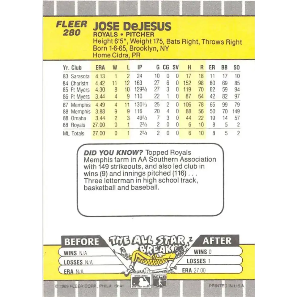 1989 Fleer #280 Jose DeJesus EX Excellent RC Rookie Kansas City Royals Baseball Card