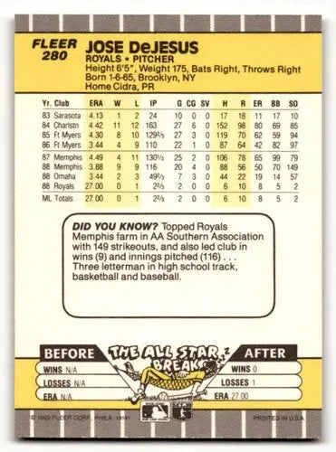 Original gloss of Jose DeJesus Kansas City Royals baseball card back in 1989 Fleer #280