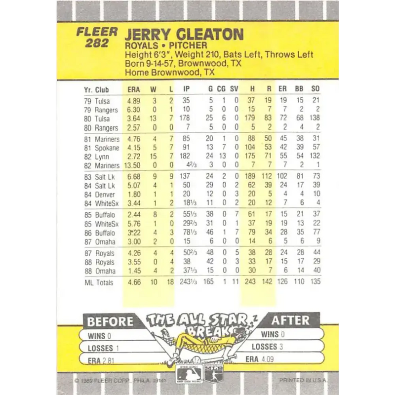 1989 Fleer #282 Jerry Don Gleaton EX Excellent Kansas City Royals Baseball Card