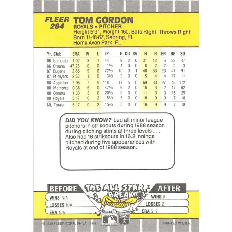 1989 Fleer #284 Tom Gordon EX Excellent RC Rookie Kansas City Royals Baseball Card - Baseball Card Single