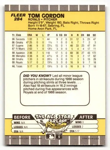 Original gloss Tom Gordon Kansas City Royals baseball card 1989 Fleer #284
