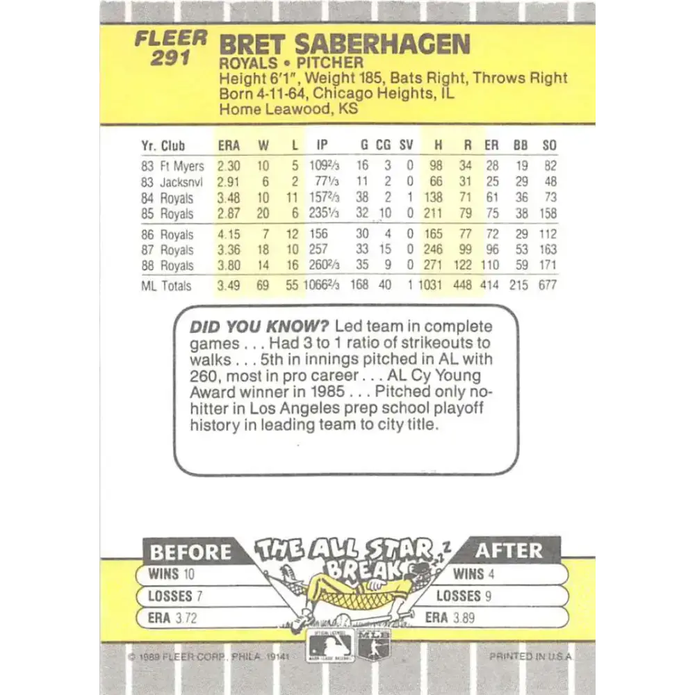 1989 Fleer #291 Bret Saberhagen EX Excellent Kansas City Royals Baseball Card - Baseball Card Single