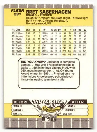 Bret Saberhagen Kansas City Royals baseball card from 1989 Fleer series