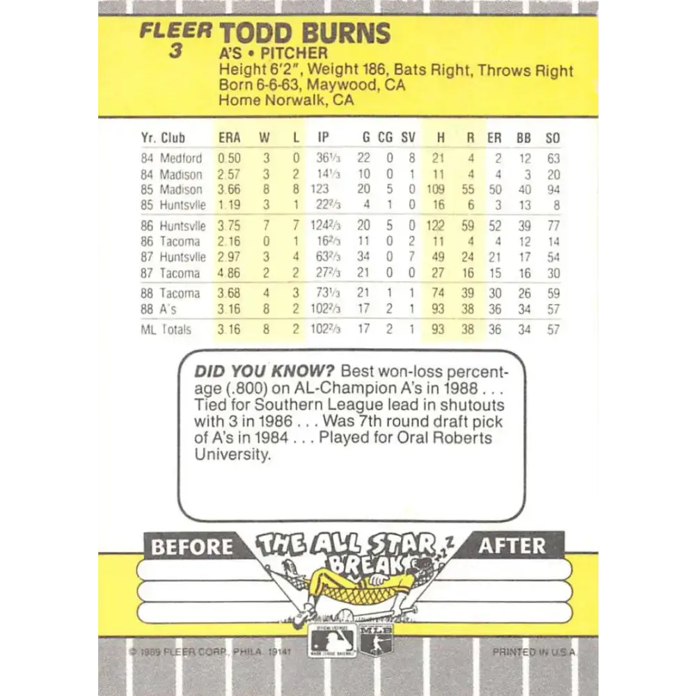 1989 Fleer #3 Todd Burns EX Excellent RC Rookie Oakland Athletics Baseball Card - Baseball Card Single