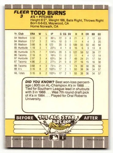 Original gloss Todd Burns Oakland Athletics baseball card from 1989 Fleer series