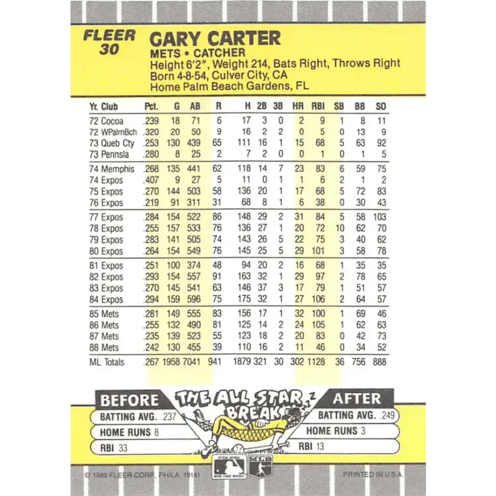 1989 Fleer #30 Gary Carter EX Excellent New York Mets Baseball Card - Baseball Card Single