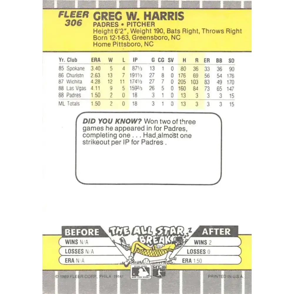 1989 Fleer #306 Greg Harris EX Excellent RC Rookie San Diego Padres Baseball Card - Baseball Card Single