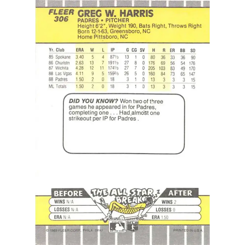 1989 Fleer #306 Greg Harris EX Excellent RC Rookie San Diego Padres Baseball Card - Baseball Card Single
