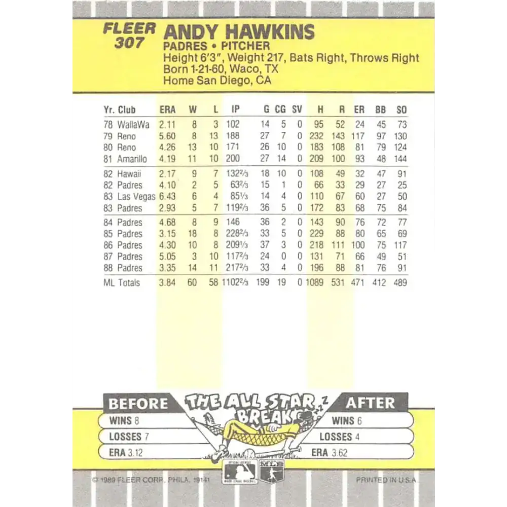 1989 Fleer #307 Andy Hawkins EX Excellent San Diego Padres Baseball Card - Baseball Card Single