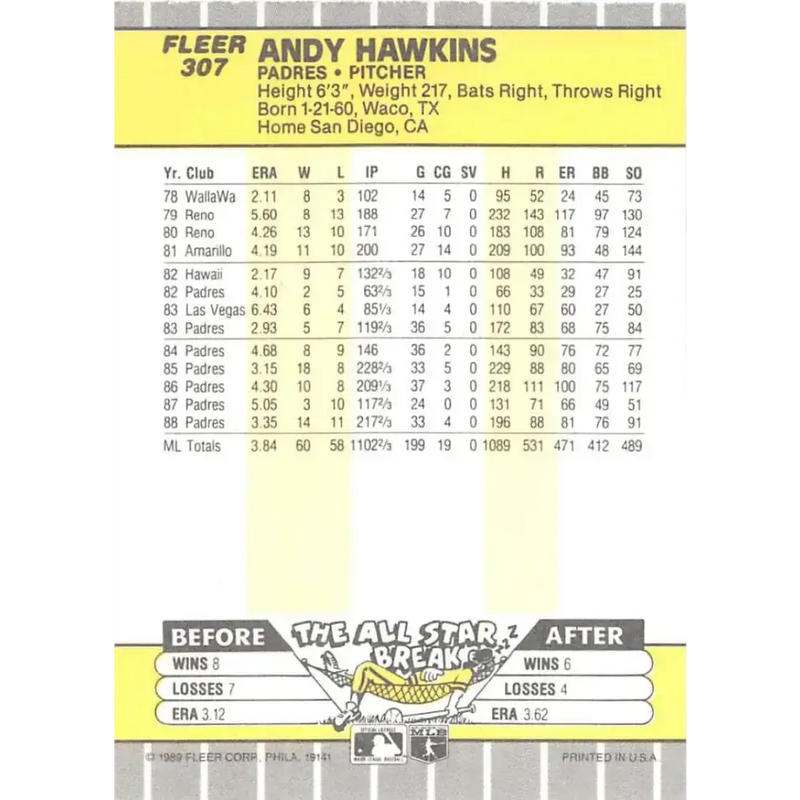 1989 Fleer #307 Andy Hawkins EX Excellent San Diego Padres Baseball Card - Baseball Card Single