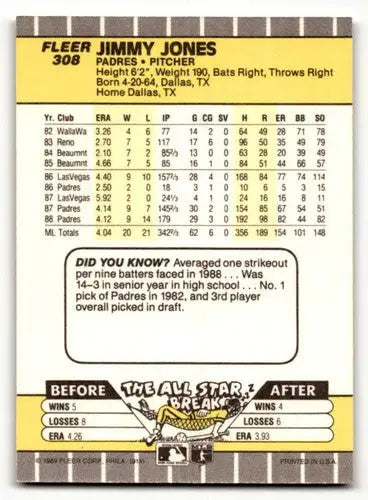 Jimmy Jones San Diego Padres baseball card from 1989 Fleer #308 NM-MT