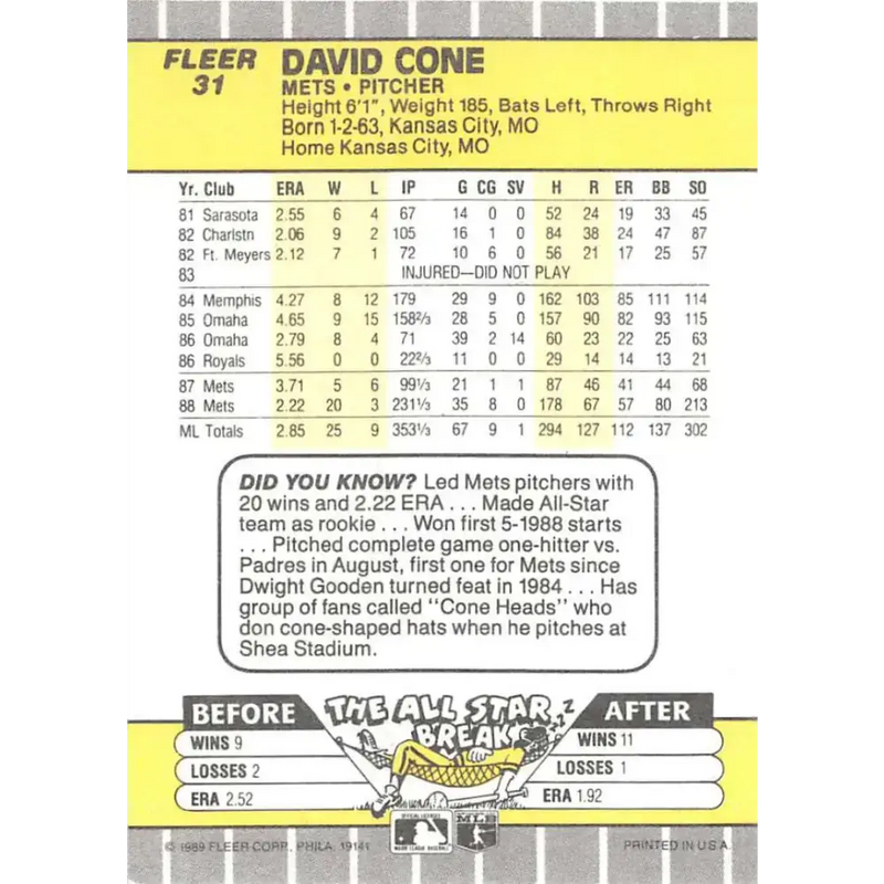 1989 Fleer #31 David Cone EX Excellent New York Mets Baseball Card - Baseball Card Single