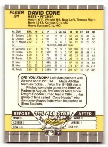 1989 Fleer David Cone Mets baseball cards, near mint New York Mets baseball card