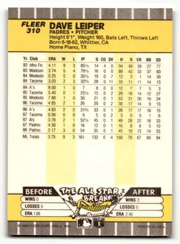 1989 Fleer Dave Leiper San Diego Padres baseball card in NM-MT condition