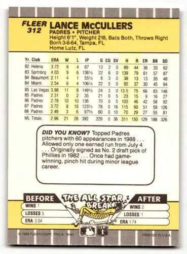 Original gloss 1989 Fleer Lance McCullers San Diego Padres baseball card image