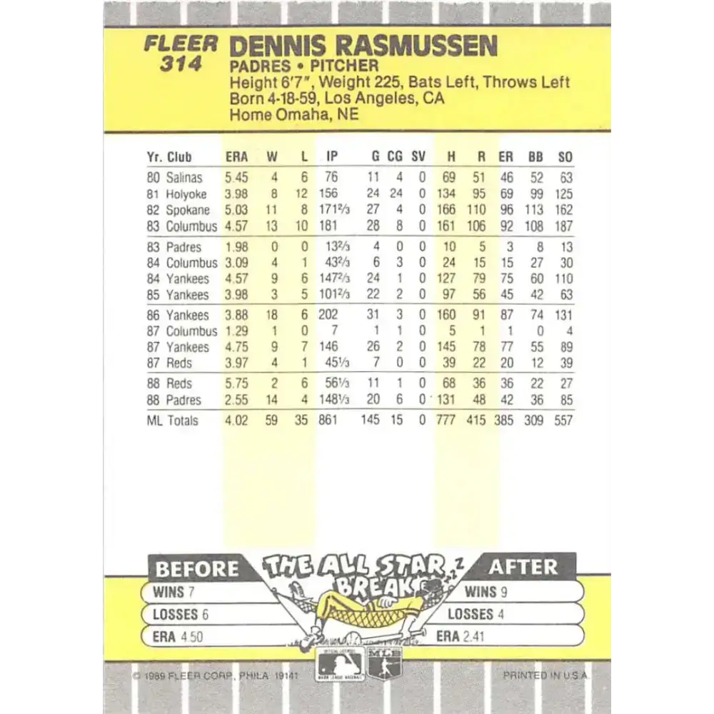 1989 Fleer #314 Dennis Rasmussen EX Excellent San Diego Padres Baseball Card - Baseball Card Single