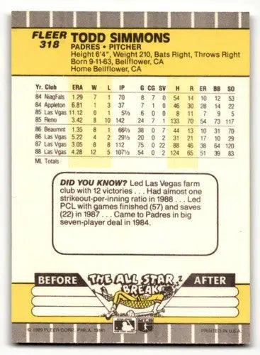 Original gloss Todd Simmons San Diego Padres baseball card from 1989 Fleer #318