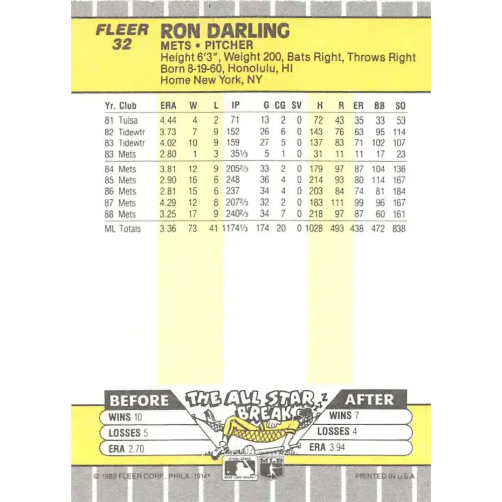 1989 Fleer #32 Ron Darling EX Excellent New York Mets Baseball Card - Baseball Card Single