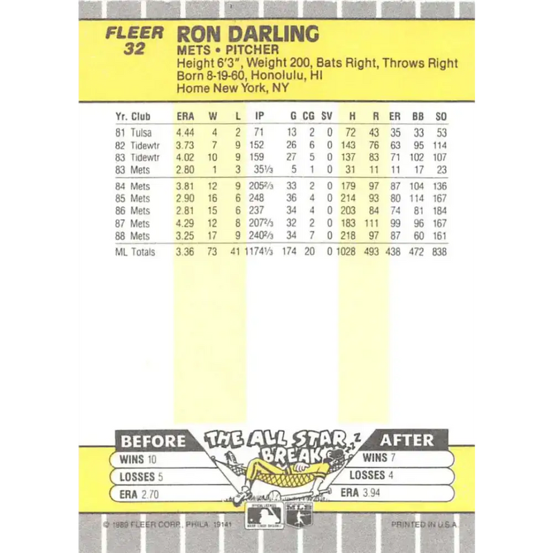 1989 Fleer #32 Ron Darling EX Excellent New York Mets Baseball Card - Baseball Card Single