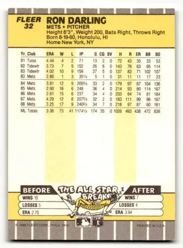 Original gloss Ron Darling Mets baseball card from 1989 Fleer #32 NM Near Mint