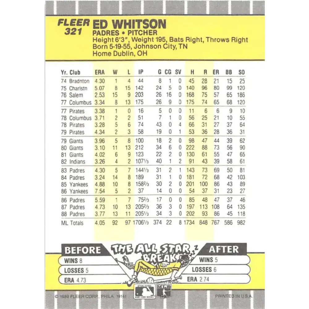 1989 Fleer #321 Ed Whitson EX Excellent San Diego Padres Baseball Card - Baseball Card Single
