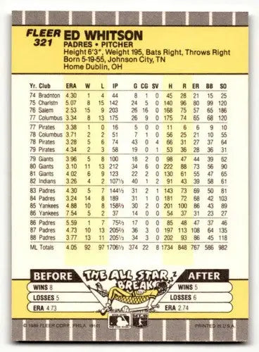Ed Whitson San Diego Padres baseball card from 1989 Fleer #321, NM Near M
