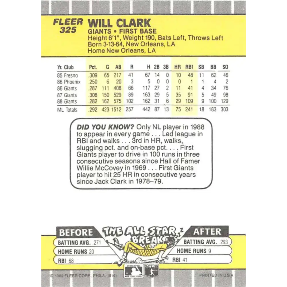 1989 Fleer #325 Will Clark EX Excellent San Francisco Giants Baseball Card - Baseball Card Single