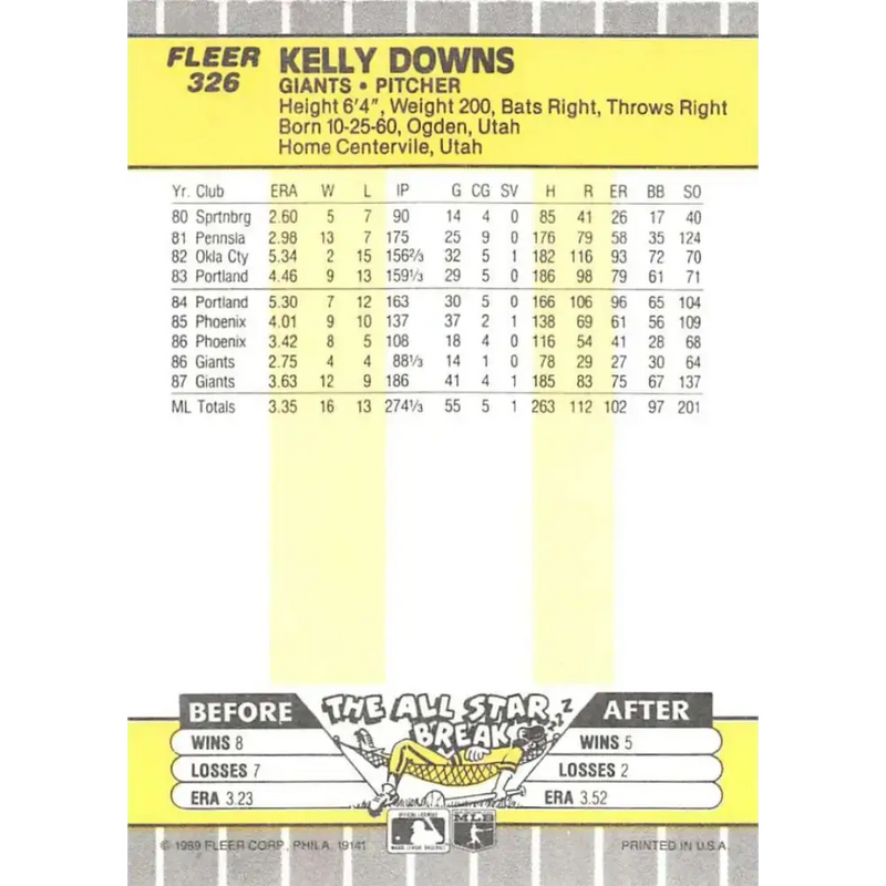 1989 Fleer #326 Kelly Downs EX Excellent San Francisco Giants Baseball Card - Baseball Card Single