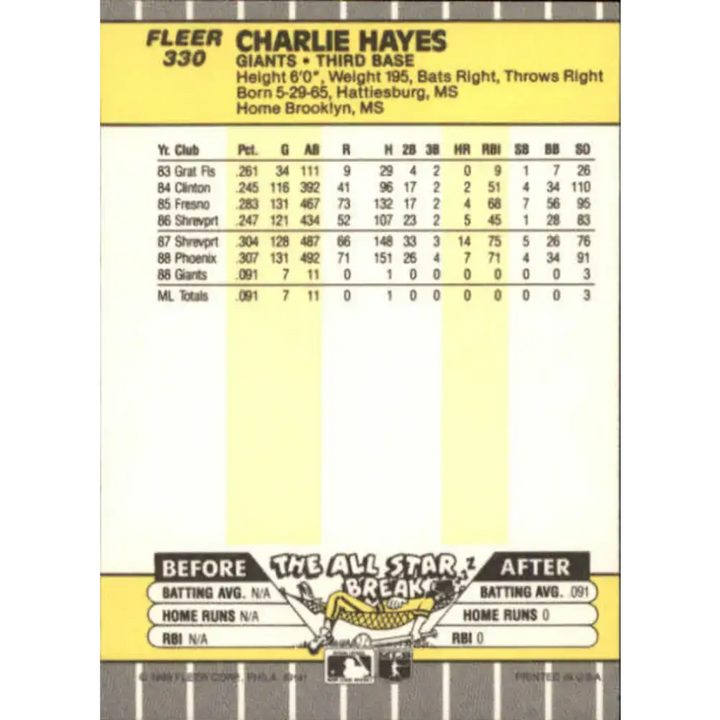 1989 Fleer #330 Charlie Hayes EX Excellent RC Rookie San Francisco Giants Baseball Card - Baseball Card Single