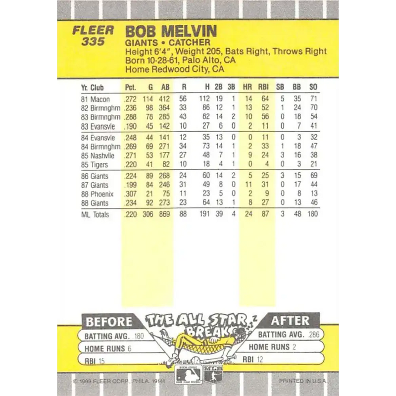 1989 Fleer #335 Bob Melvin EX Excellent San Francisco Giants Baseball Card - Baseball Card Single