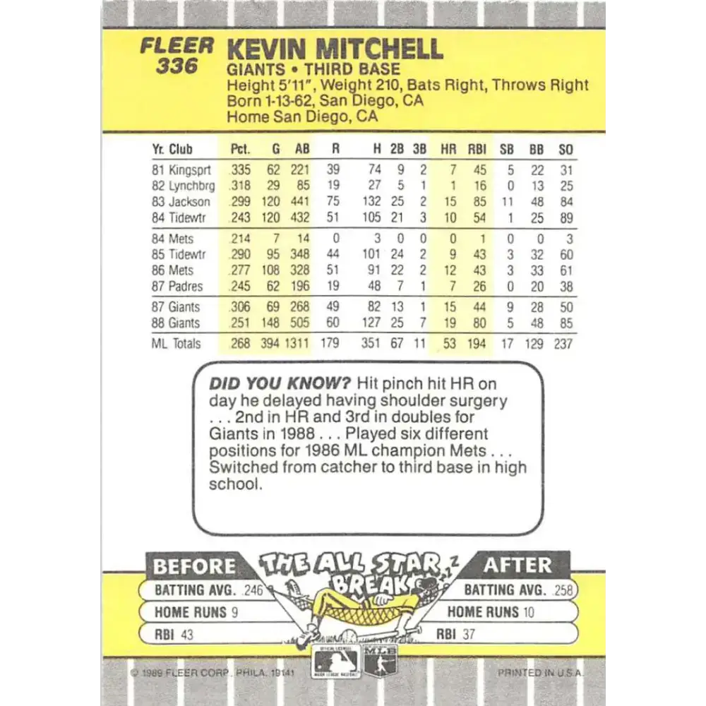 1989 Fleer #336 Kevin Mitchell EX Excellent San Francisco Giants Baseball Card - Baseball Card Single