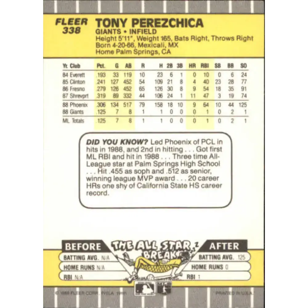 1989 Fleer #338 Tony Perezchica EX Excellent San Francisco Giants Baseball Card - Baseball Card Single