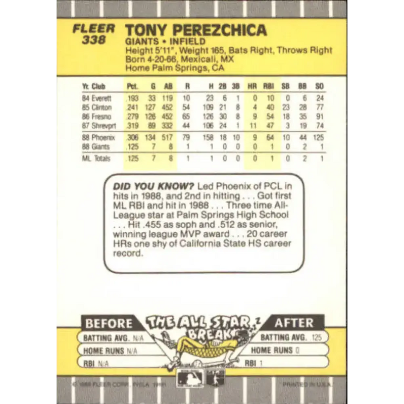 1989 Fleer #338 Tony Perezchica EX Excellent San Francisco Giants Baseball Card - Baseball Card Single