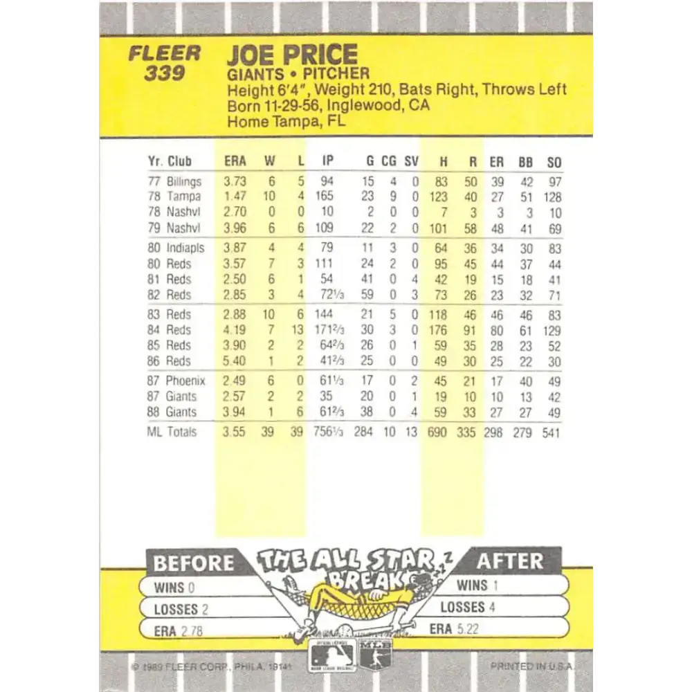 1989 Fleer #339 Joe Price EX Excellent San Francisco Giants Baseball Card - Baseball Card Single