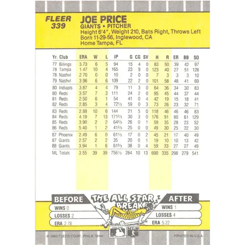 1989 Fleer #339 Joe Price EX Excellent San Francisco Giants Baseball Card - Baseball Card Single