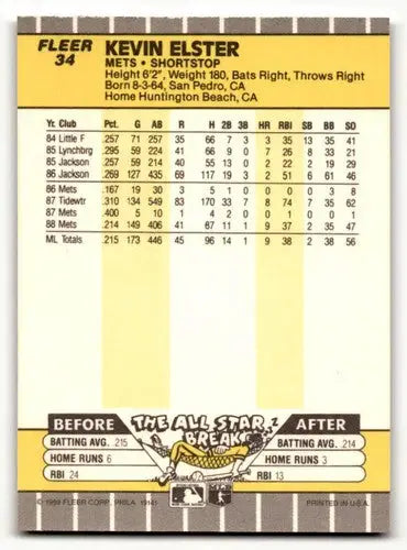 Kevin Elster Mets baseball card with original gloss from 1989 Fleer series