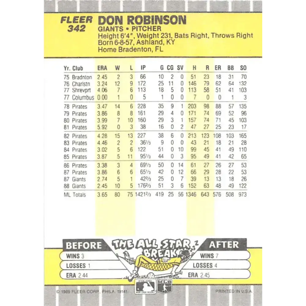 1989 Fleer #342 Don Robinson EX Excellent San Francisco Giants Baseball Card - Baseball Card Single