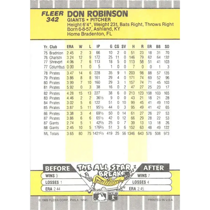 1989 Fleer #342 Don Robinson EX Excellent San Francisco Giants Baseball Card - Baseball Card Single