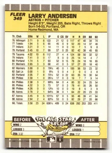 Original gloss Larry Andersen Houston Astros baseball card in 1989 Fleer NM near mint