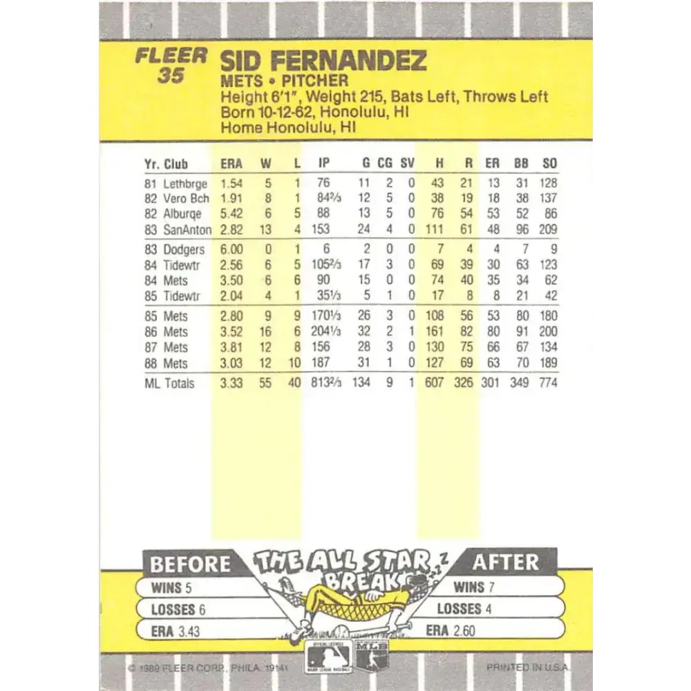 1989 Fleer #35 Sid Fernandez EX Excellent New York Mets Baseball Card - Baseball Card Single