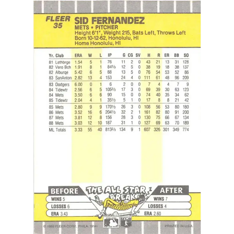 1989 Fleer #35 Sid Fernandez EX Excellent New York Mets Baseball Card - Baseball Card Single