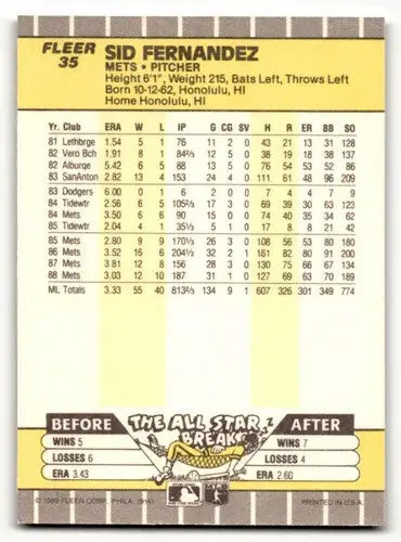 Original gloss Mets baseball cards featuring Sid Fernandez 1989 Fleer #35 card