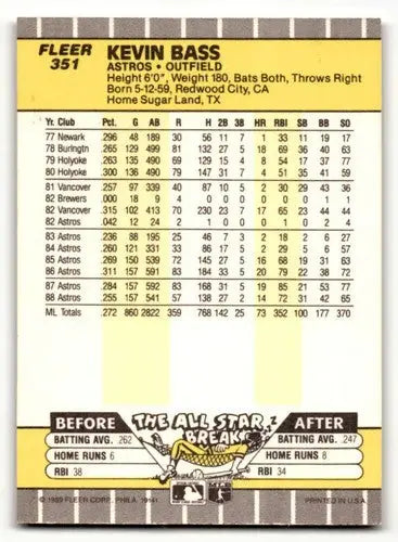 1989 Fleer #351 Kevin Bass Houston Astros Baseball Cards NM Near Min ID:54526 - Baseball Card Single
