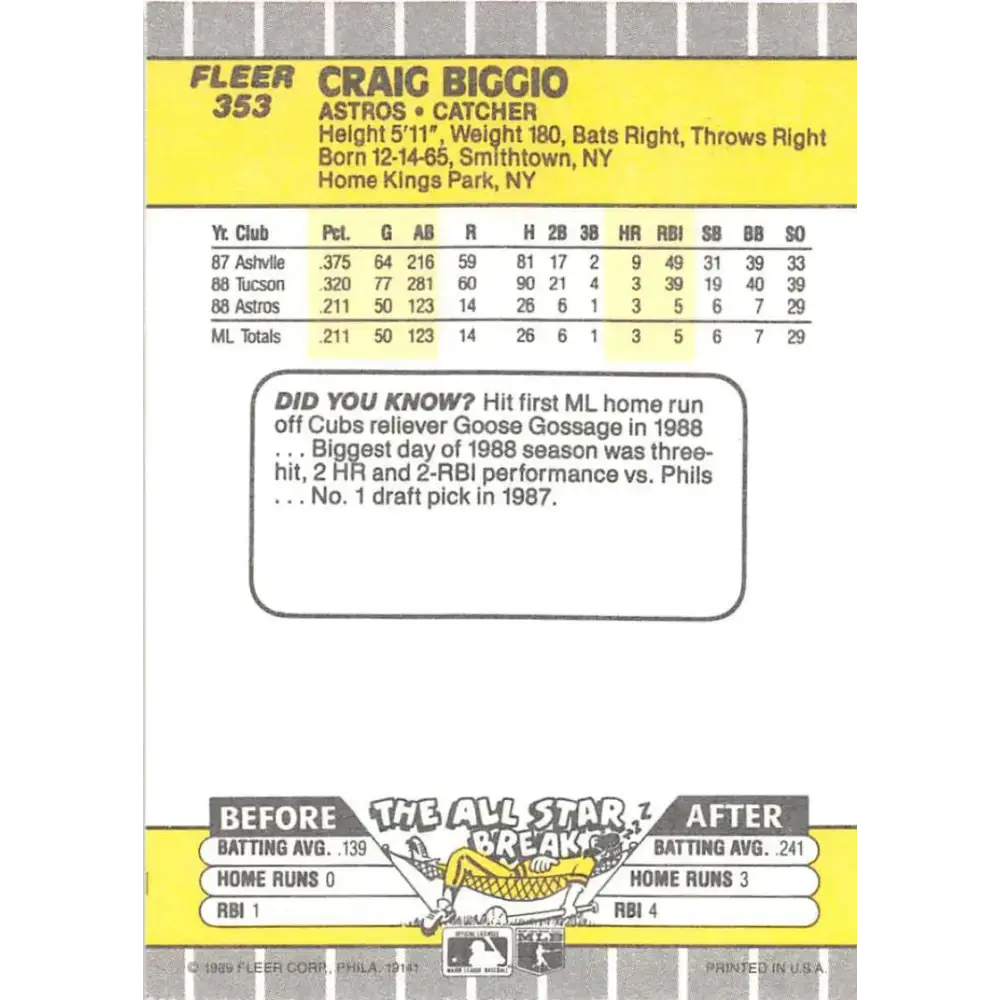 1989 Fleer #353 Craig Biggio EX Excellent RC Rookie Houston Astros Baseball Card - Baseball Card Single
