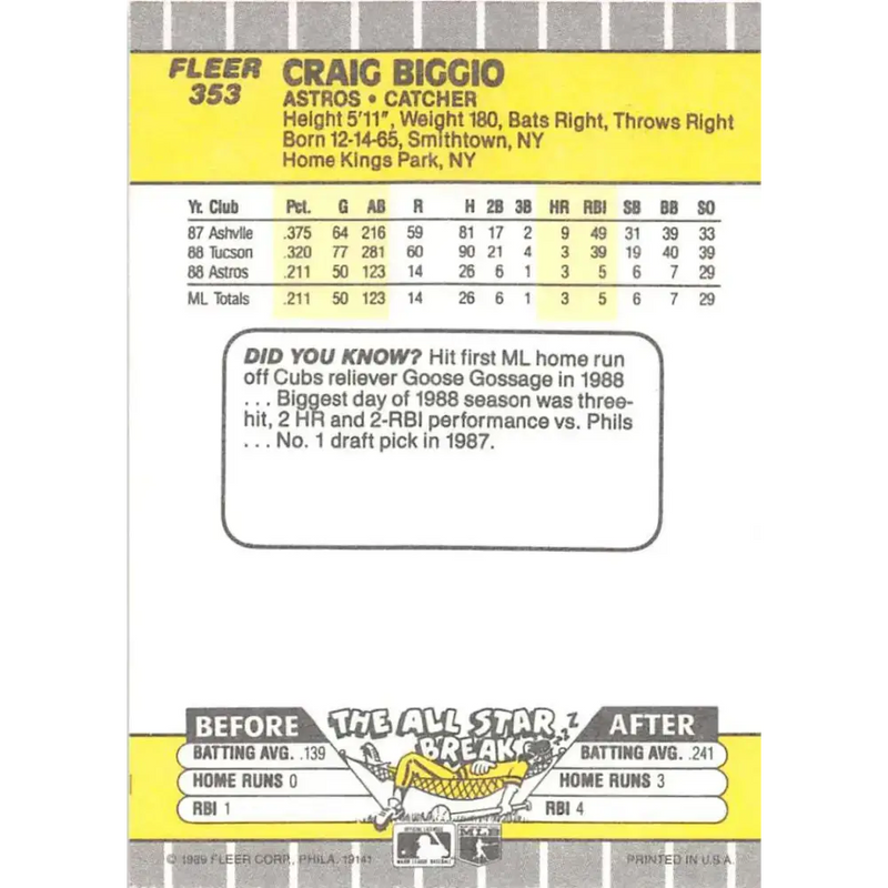 1989 Fleer #353 Craig Biggio EX Excellent RC Rookie Houston Astros Baseball Card - Baseball Card Single